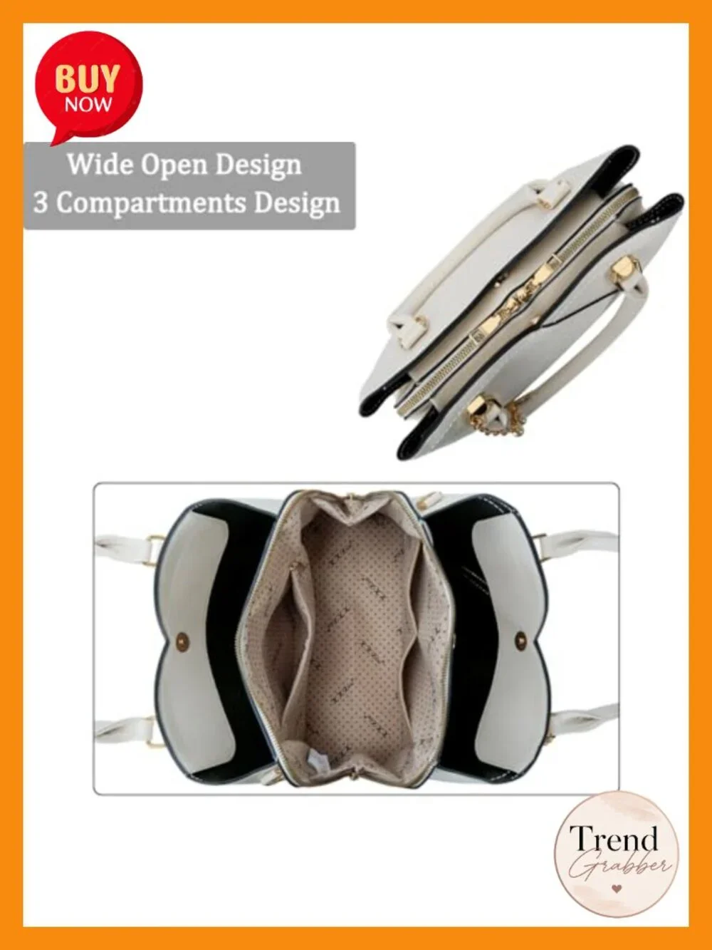 Triple Compartment Satchel Shoulder Bag with Adjustable Strap Faux Leather